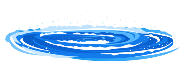 Whirlpool with spiral twists on water in side view isolated illustration, powerful whirlpool waves with splashes and foam in blue water, dangerous nature phenomenon