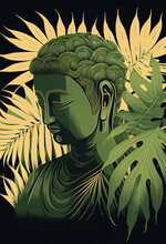 Portrait Of A Green Buddha Surrounded By Plant Leaves. Generative AI