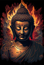Portrait Of A Bronze Buddha With Flames Of Fire From Behind. Generative AI