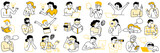 Fototapeta Dziecięca - Various character doodle illustration of people finding creative ideas concept, thinking, reading, find solution or knowledge, imagination. Outline, linear, thin line art, hand drawn sketch.  