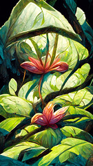  forest Mayan style riverside flowers and trees illustration art Generative AI Content by Midjourney
