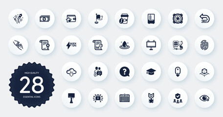 Set of Business icons, such as Helping hand, Question mark and Fingerprint flat icons. Table lamp, 360 degrees, Winner medal web elements. Fuel energy, Cloud download, Computer fan signs. Vector