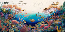 Wallpaper Of The Bottom Of The Gulf In The Red Sea With Colorful Fish, Coral Reefs, Marine Plants, Crustaceans, Squids And Jellyfish In Vintage Style - Digital Painting