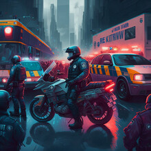 Police On BMW Motorbikes, Escorting Ambulances Through Crowded Urban Streets