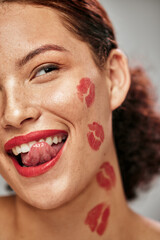 Wall Mural - beauty woman, lipstick kiss and face of makeup model in studio for cosmetics, love and happiness. he