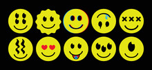 Set Of Psychedelic Smile Badges. Acid Style For Rave. Hipster, Trendy Sticker Set. Vector Illustration