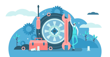 Mechanic illustration, transparent background. Flat tiny tech occupation persons concept. Professional job service for machinery repair, maintenance, fix or production. Garage industrial work.