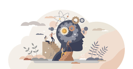Mind process and cognitive information in human head tiny person concept, transparent background. Intelligence and knowledge development with brain performance illustration.