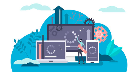 Update and upgrade software flat tiny person concept illustration, transparent background. Multiple cross platform sync process with laptop, PC and mobile app screens.