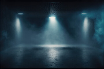 A dark empty street, dark blue background, an empty dark scene, neon light, spotlights The asphalt floor and studio room with smoke float up the interior texture. night view