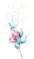 Canvas Print - Branches with turquoise leaves, pink peony flower and golden line art. Watercolor painted floral bouquet..Cut out hand drawn PNG illustration on transparent background. Watercolour isolated clipart.