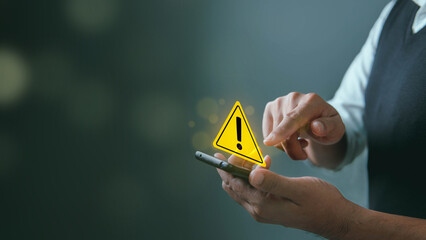Fototapete - System hacked warning alert, Man using smartphone with cyber attack network, virus, spyware, scam or Malicious software. Cyber security and cybercrime. Compromised information internet