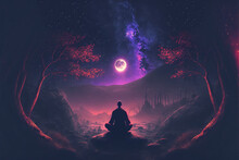 Buddhist Monk Meditating Under Star Night Sky . Energy And Power Of Meditation Concept. Peculiar AI Generative Image.