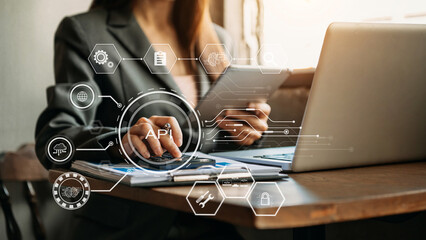 Wall Mural - api application programming interface, woman using laptop, tablet and smartphone with virtual screen