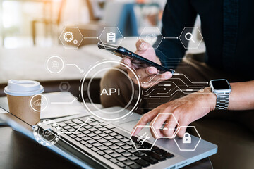 Wall Mural - api application programming interface, woman using laptop, tablet and smartphone with virtual screen