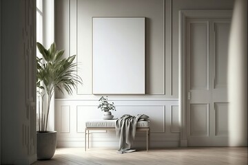 White room with a blank art frame, furniture, plants