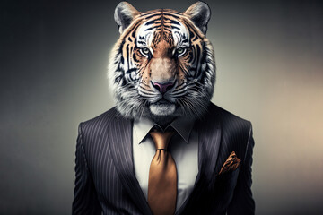 Wall Mural - Portrait of a Tiger dressed in an elegant business suit, generative ai