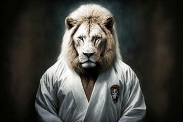 Wall Mural - Portrait of a Lion dressed in an Jiu Jitsu Kimono, generative ai