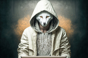 Wall Mural - White fox web designer with laptop