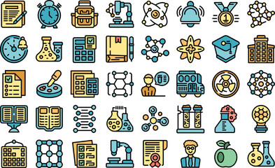 Wall Mural - Chemistry teacher icons set outline vector. Science career. Professional biology color line flat isolated on white