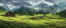 Vector Flat Landscape Illustration Of Summer Countryside View Nature: Sky, Mountains, Cozy Village Houses, House In The Countryside Vector Illustration. Scenic Outdoor View With A Cottage Countryside.
