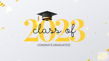 Wall Mural - Class of 2023 symbol template. Vector illustration with design for decoration of degree ceremony and graduation 2023. Icon for decoration of social media, banners, posters. Graduation cap, confetti.