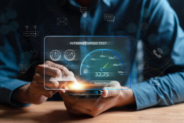 super fast internet connection speedtest bandwidth network technology, man using internet high speed