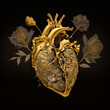 Generative AI illustration of a gold anatomic heart, luxury flowers