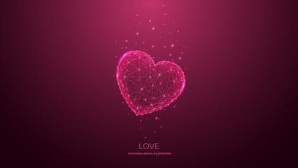 Poster - Polygonal heart on dark red background. Low poly wireframe love concept. Vector poster for Valentine's Day. Isolated digital technology heart. 