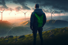Young Man Standing On A Hilltop Watching Wind Engines In The Sunrise, Era Of Renewable Energy, Generative AI