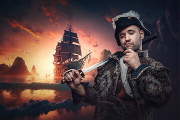 Artwork of stylish pirate dressed in costume posing on coast of desert island.