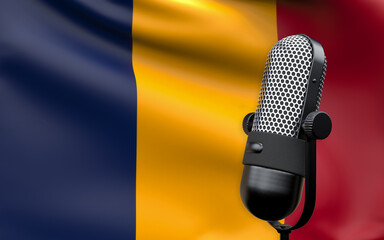 Chad national flag with microphone composition of voice of truth debate information radio broadcast translation radio podcast freedom of speech concept 3d rendering image