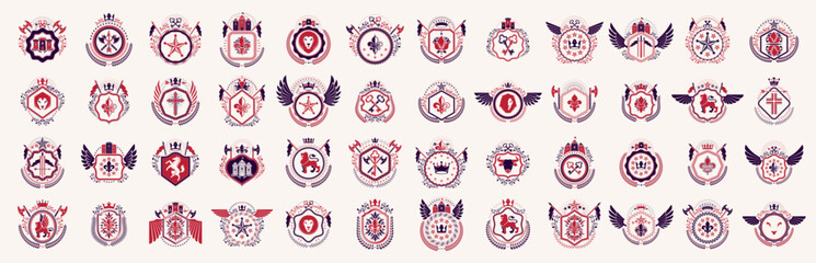 Canvas Print - Classic style emblems big set, ancient heraldic symbols awards and labels collection, classical heraldry design elements, family or business emblems.