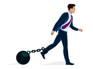 Businessman with weight metal ball on shackles symbolizes debt or problems vector illustration isolated on white, handsome man trying to walk forward but troubles stop him.