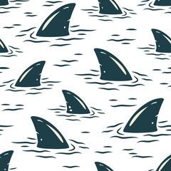 Trendy seamless surfing patterns. Endless texture with shark fin for wallpaper