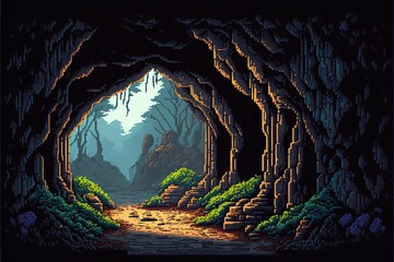 Pixel art cave entrance, natural tunnel with rocks, trees and vegetation, landscape in retro style for 8 bit game, Generative AI