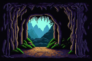 Wall Mural - Pixel art cave entrance, natural tunnel with rocks, trees and vegetation, landscape in retro style for 8 bit game, Generative AI