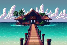 Pixel Art Bungalow On Paradise Island Beach, Tropical Resort, Landscape In Retro Style For 8 Bit Game, Generative AI