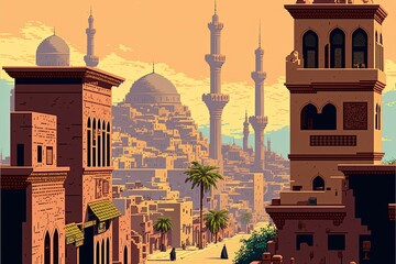 Wall Mural - Pixel art ancient Arabic city, city in the desert with buildings and palm trees, background in retro style for 8 bit game, Generative AI