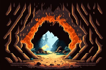 Wall Mural - Pixel art cave entrance, natural tunnel, landscape in retro style for 8 bit game, Generative AI