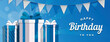 © Jessica - Blue birthday party banner. Gift banner. Happy birthday card with giftbox. Vector stock