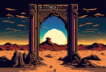 Pixel art magic portal in desert, portal to fantasy dimension, background in retro style for 8 bit game, Generative AI