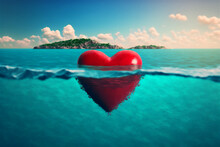 Red Heart Floats Immersed In Water In Warm Turquoise Tropical Waters, A Desert Island Is Visible In The Distance And Clouds In The Sky. Generative AI Technology.