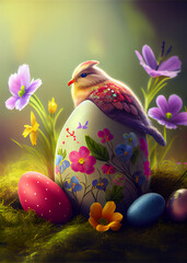 Wall Mural - Colorful Easter eggs with bird on green background. AI Generated