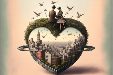 The Balanced Love: A Conceptual Illustration of Valentine's Day Depicting Two Lovers Sitting on a Heart-Shaped See-Saw, Symbolizing the Ups and Downs of Love, with a Cityscape Beneath Them