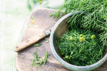 Just harvested cut fresh dills in bowl on brown cutting board on wooden table in summertime, cut dill leaves for flavouring food, flavouring herb concept