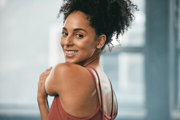 Wall Mural - Black woman, smile portrait and exercise stretching for fitness workout, wellness training and happy cardio runner. in gym. African athlete, sports happiness and running warm up or motivation success