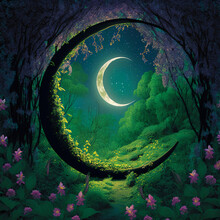 Ramadan Moon Rise On Green Spring Forest Realistic 3d Illustration Watercolor Background