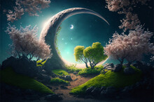 Ramadan Moon Rises On Green Spring Forest Realistic 3d Illustration Watercolor Background
