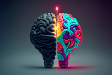 Creative Lightbulb Dark And Colorful Brain On Dark Background 3d Illustration For Powerful Idea Generate And Growing